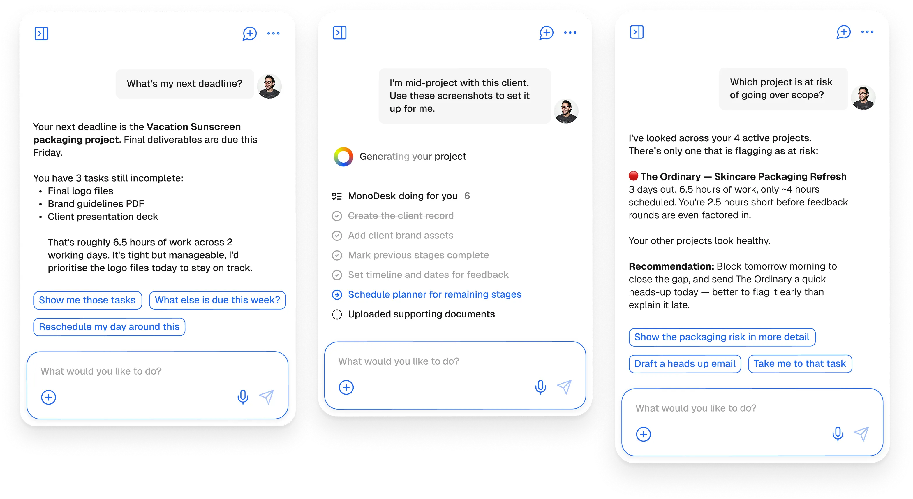 The MonoDesk AI Agent chat interface
