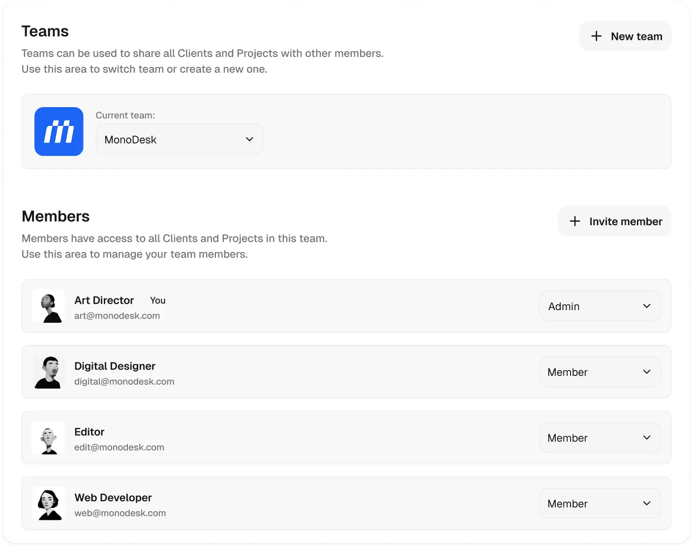 Team setup in MonoDesk — invite members, share projects, assign roles