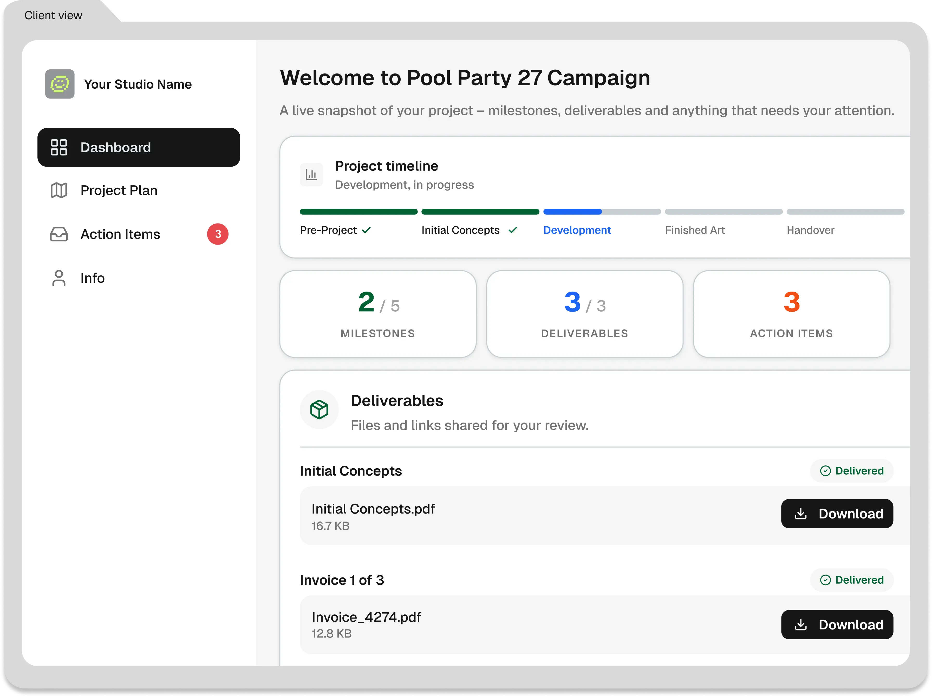 Client Portal dashboard showing project timeline, deliverables, and AI-generated status summary