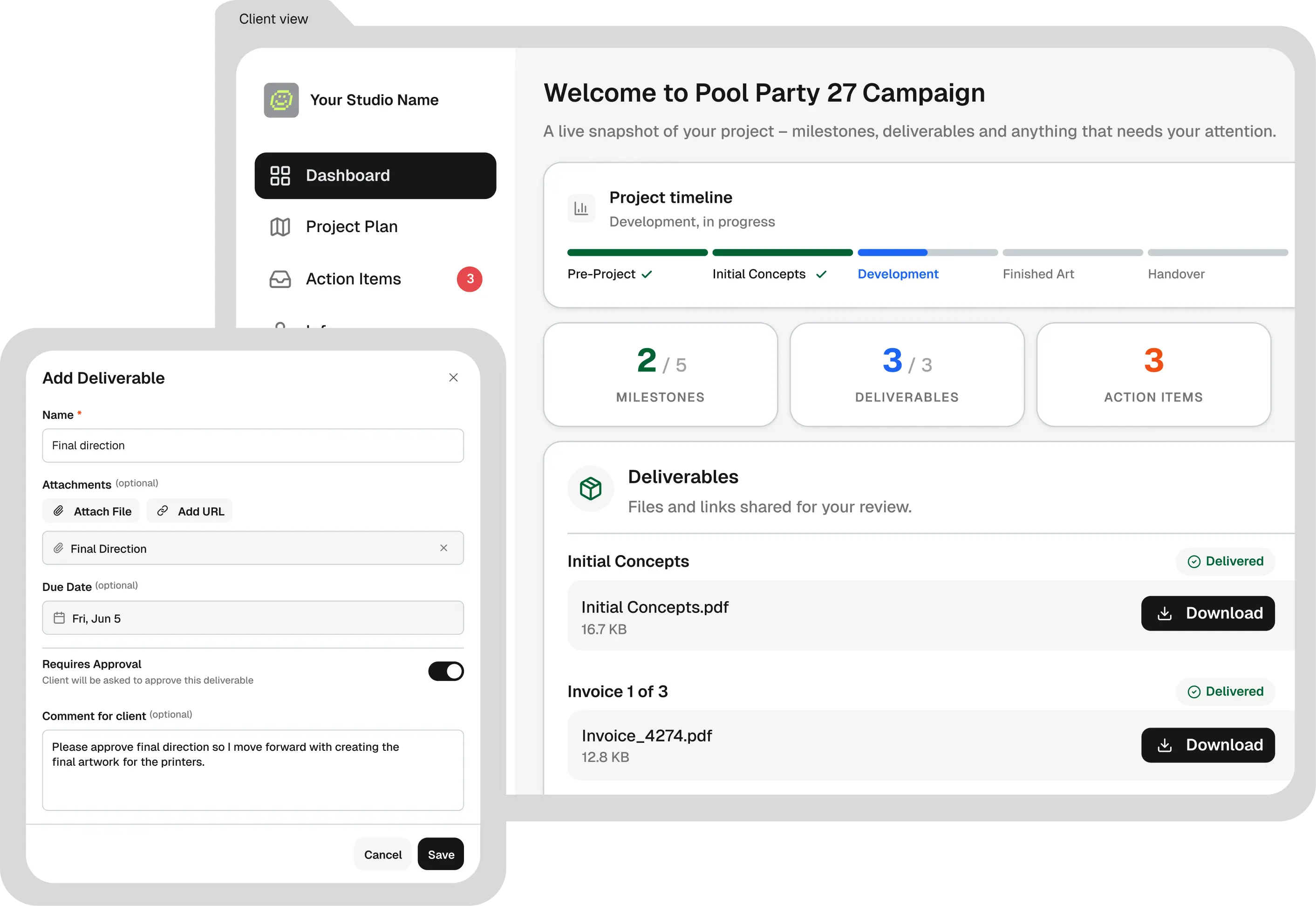 Client Portal dashboard with deliverables and approvals