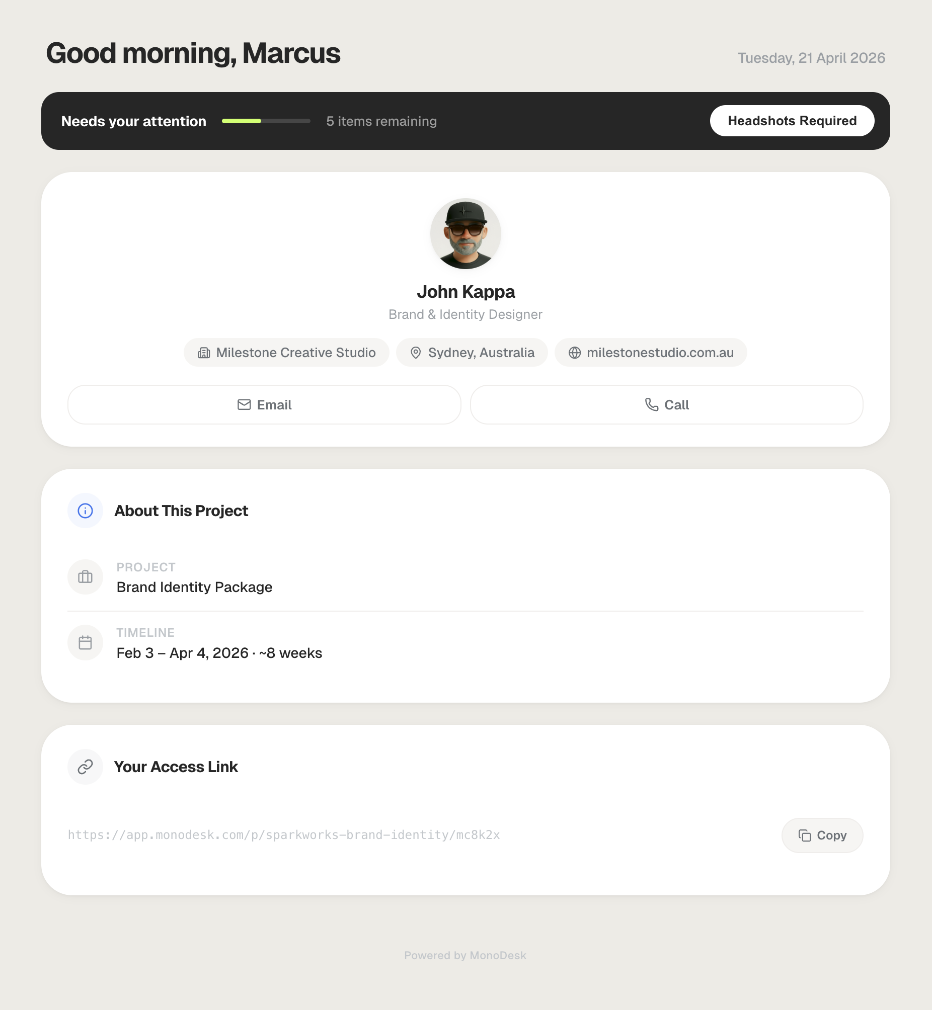 Client portal access with magic link, creative profile, and project details