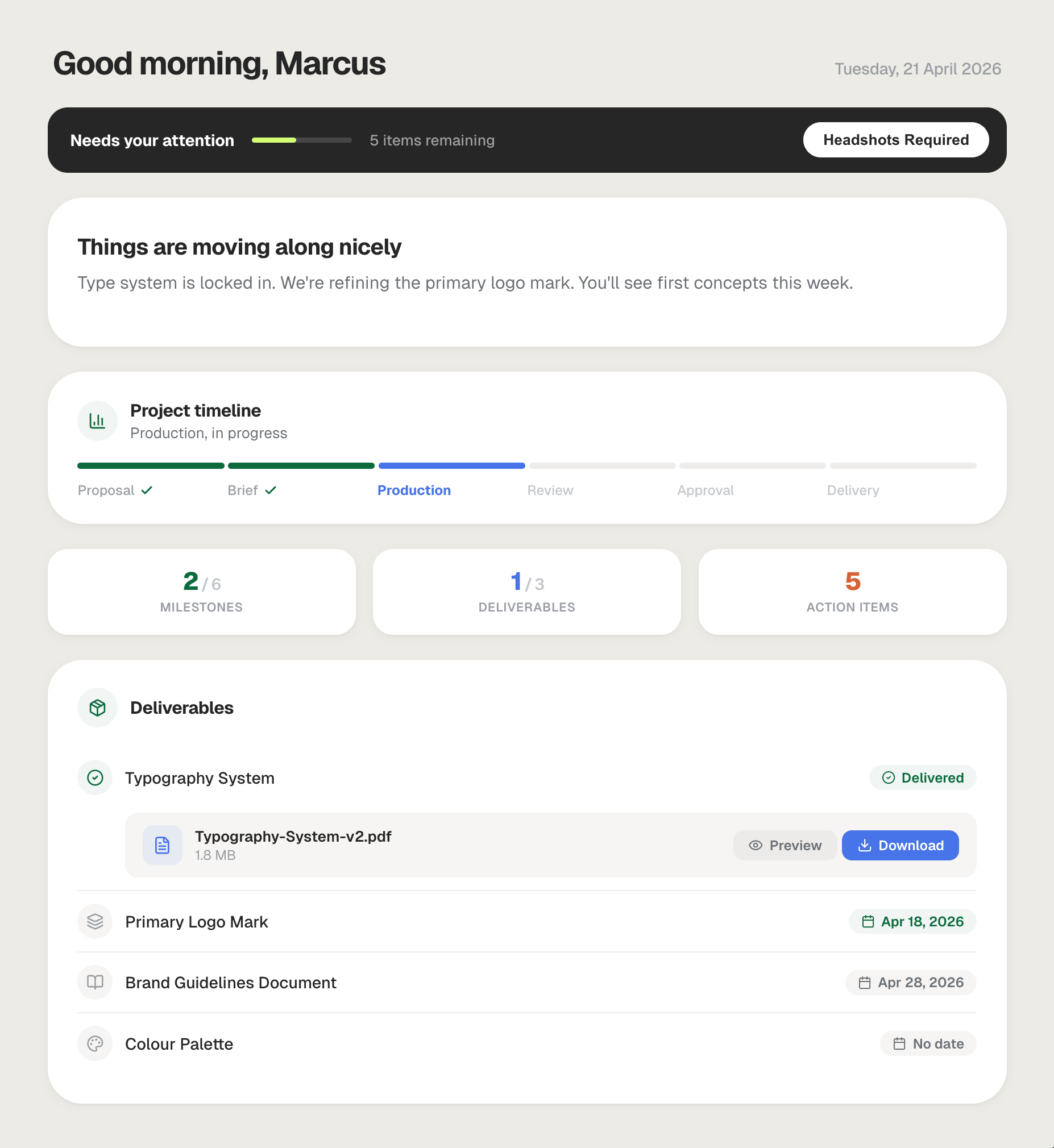 Client Portal dashboard showing project timeline, deliverables, and AI-generated status summary