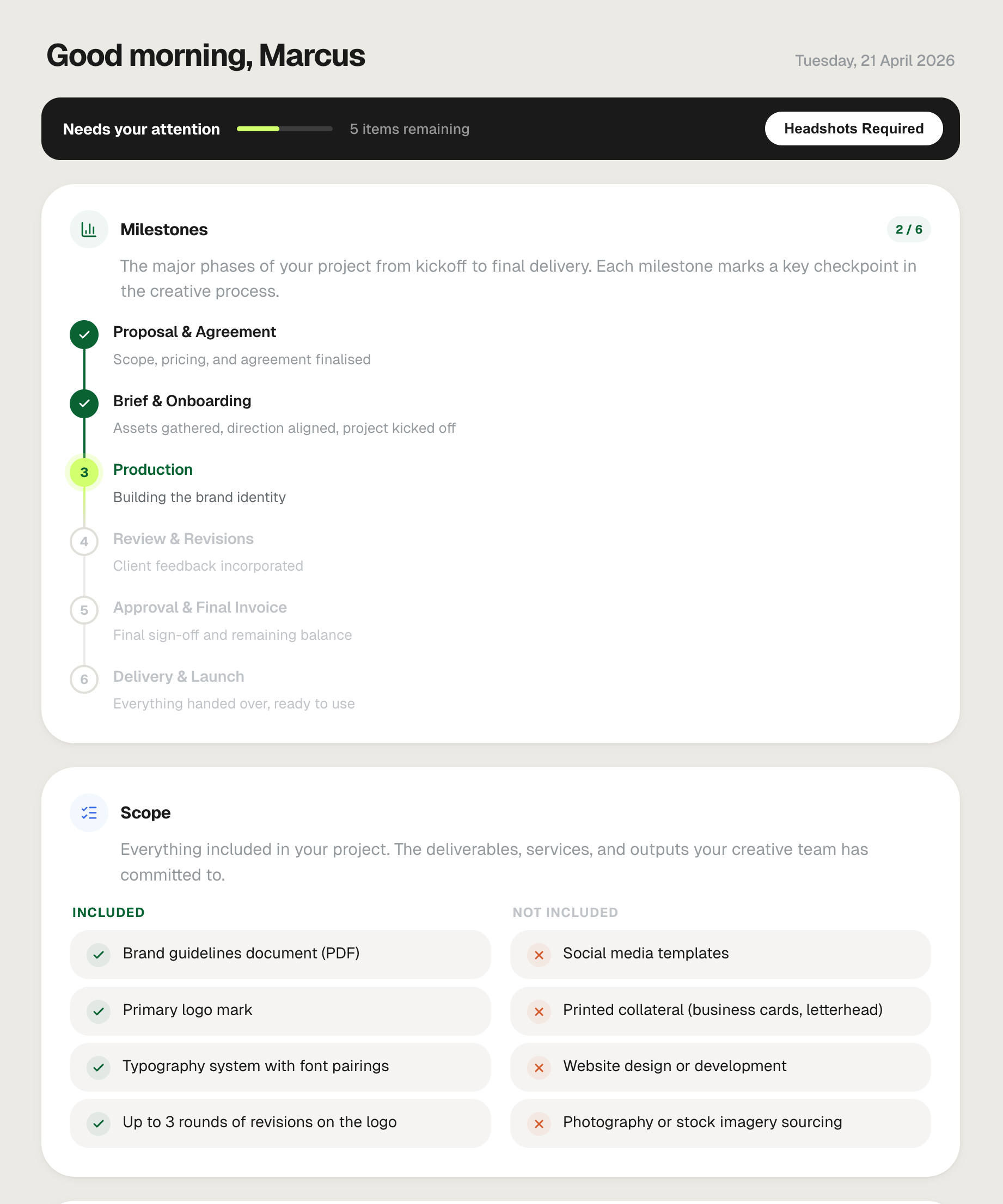 Project milestones and scope showing included and excluded deliverables