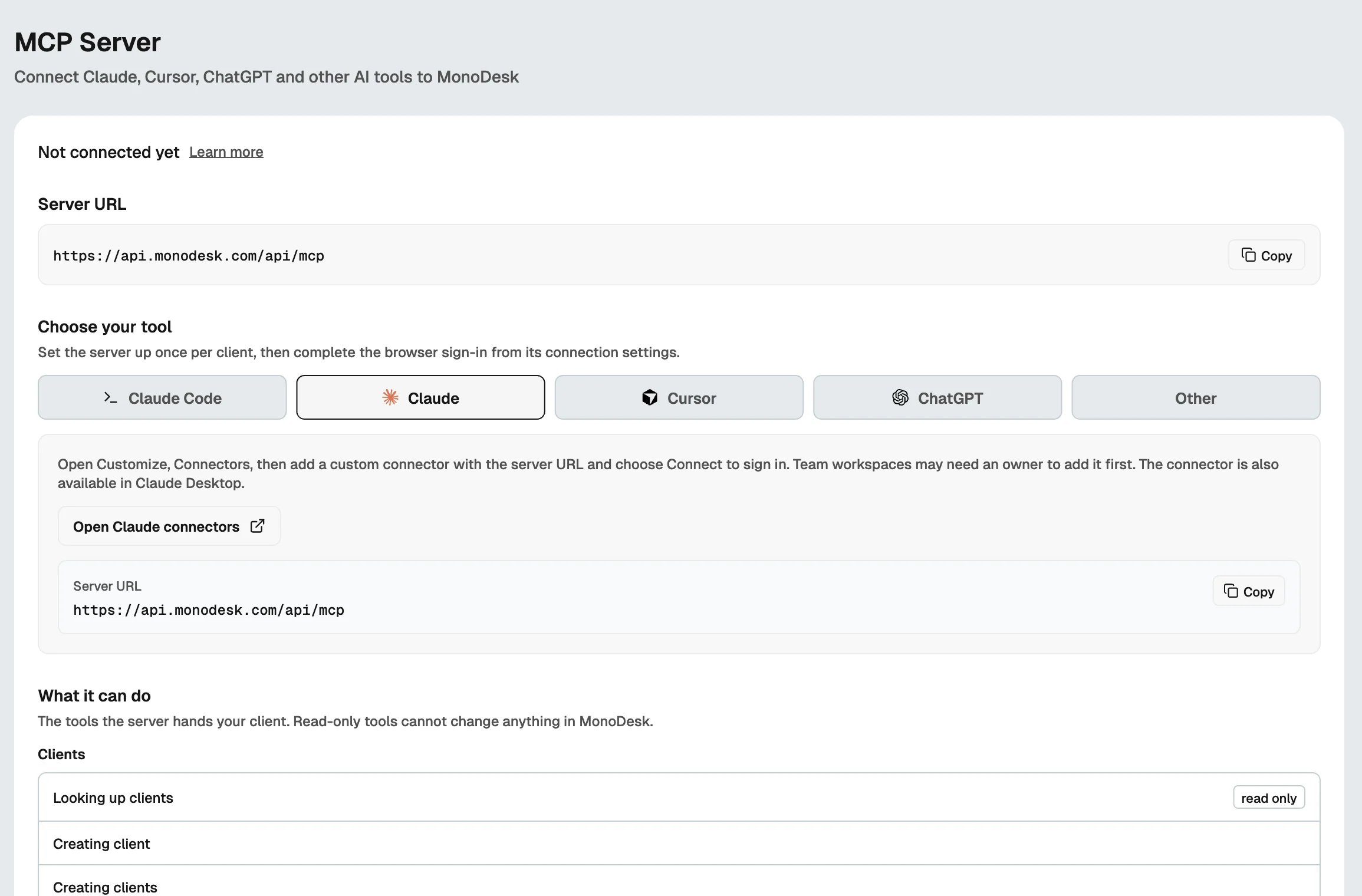The MCP Server page in MonoDesk Settings, with the server URL and setup steps for Claude, Claude Code, Cursor, ChatGPT and other tools.