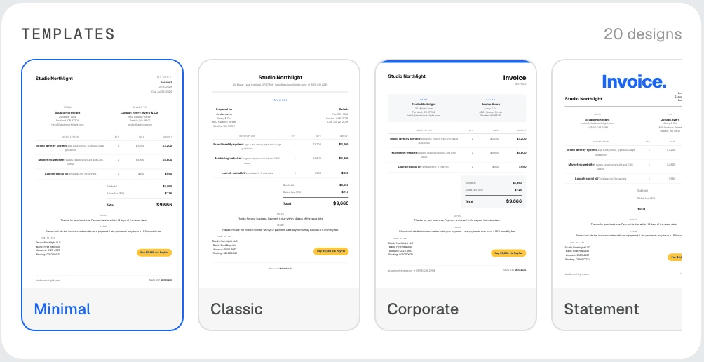 The template picker showing live thumbnails of Minimal, Classic, Corporate and Statement designs, with a label reading 20 designs