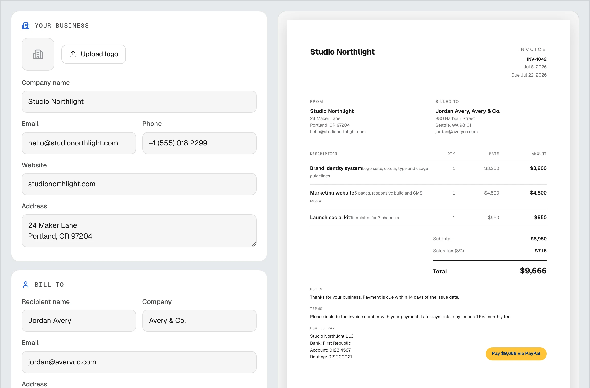 The invoice editor: a form for business details, line items and tax on the left, with a live A4 invoice preview updating on the right