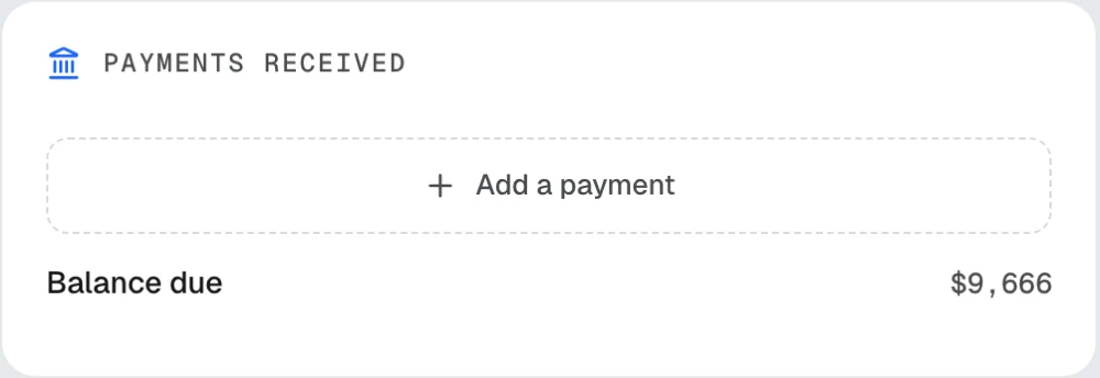 Payments received panel with an add-a-payment button and a live balance due total