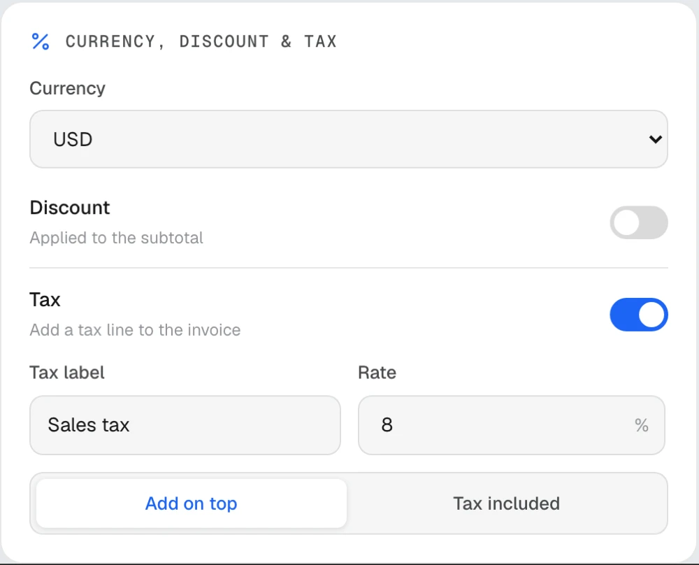 Currency, discount and tax controls: a currency dropdown, a discount toggle, and a tax line with a rate and add-on-top or tax-included options