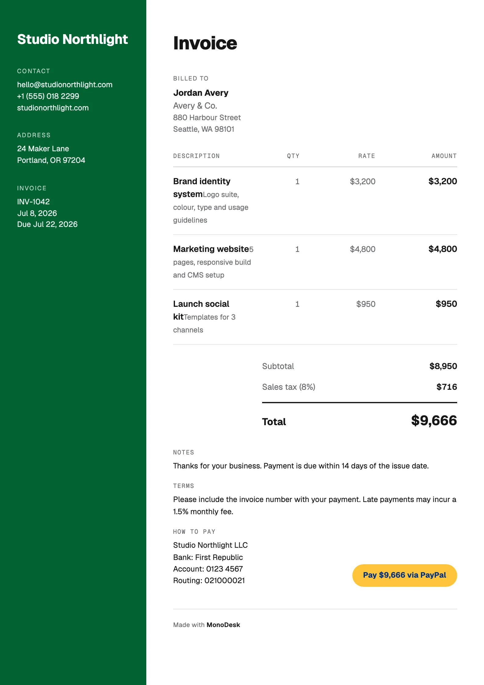 A finished invoice in the Sidebar template with a green accent, itemised work, totals, bank details and a Pay via PayPal button
