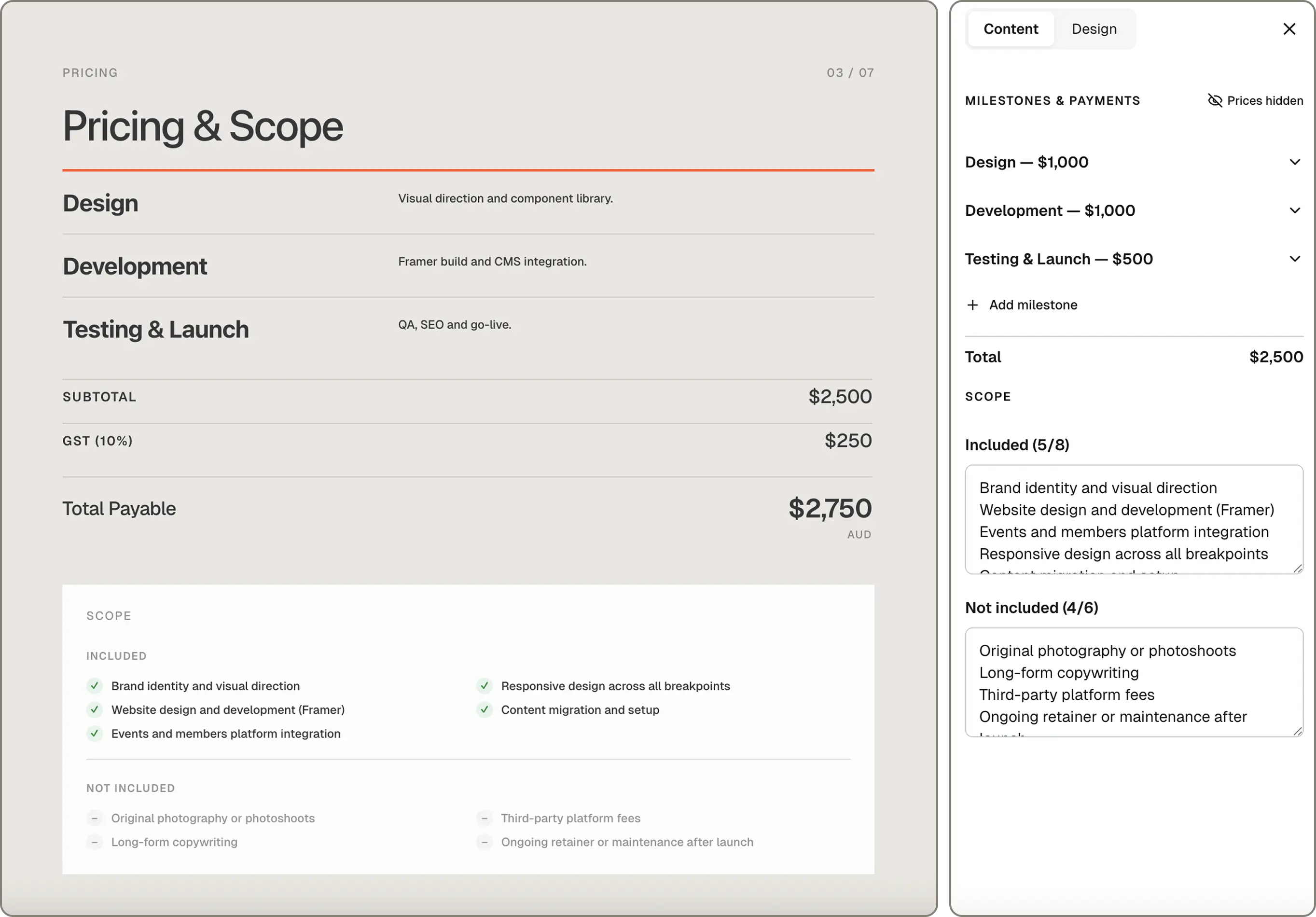 Proposal generated from a brief showing pricing and scope sections
