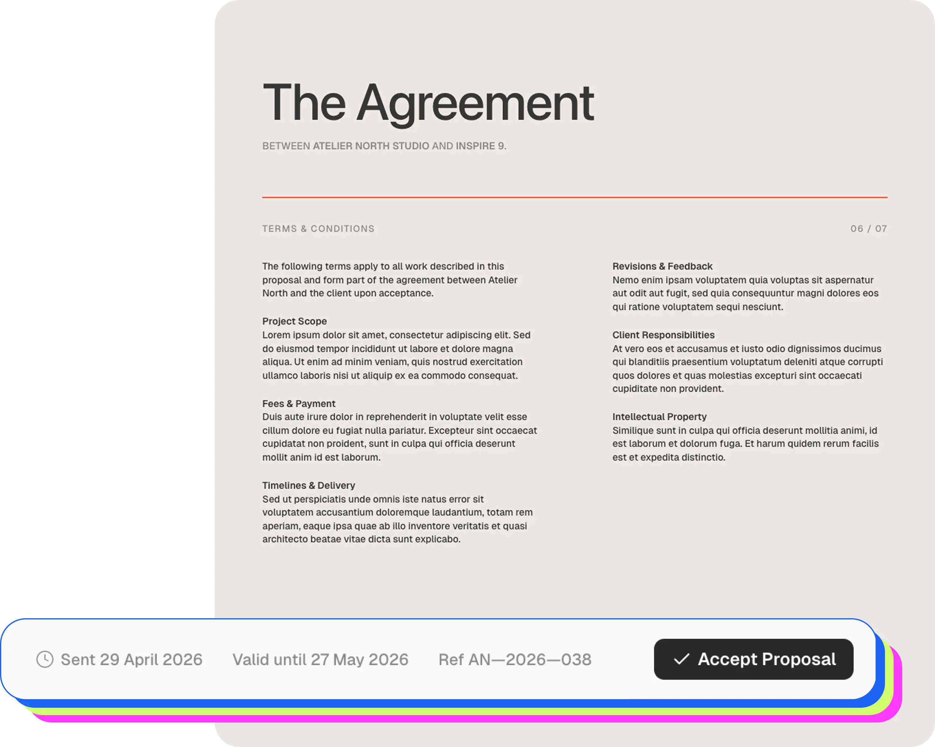 Proposal agreement page with tracking bar showing opened and accepted status