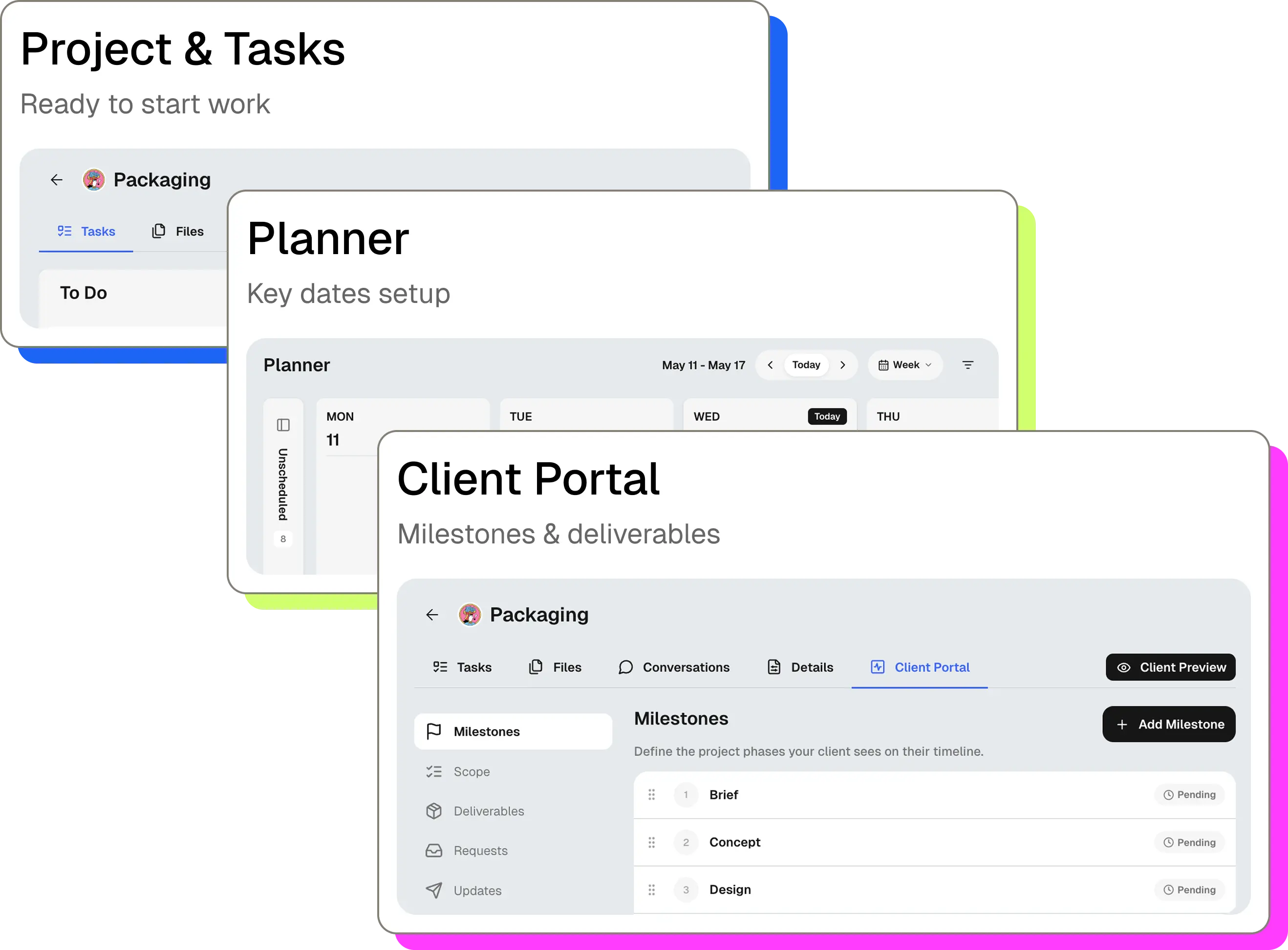 Automatic project setup showing tasks, planner, and client portal created from accepted proposal