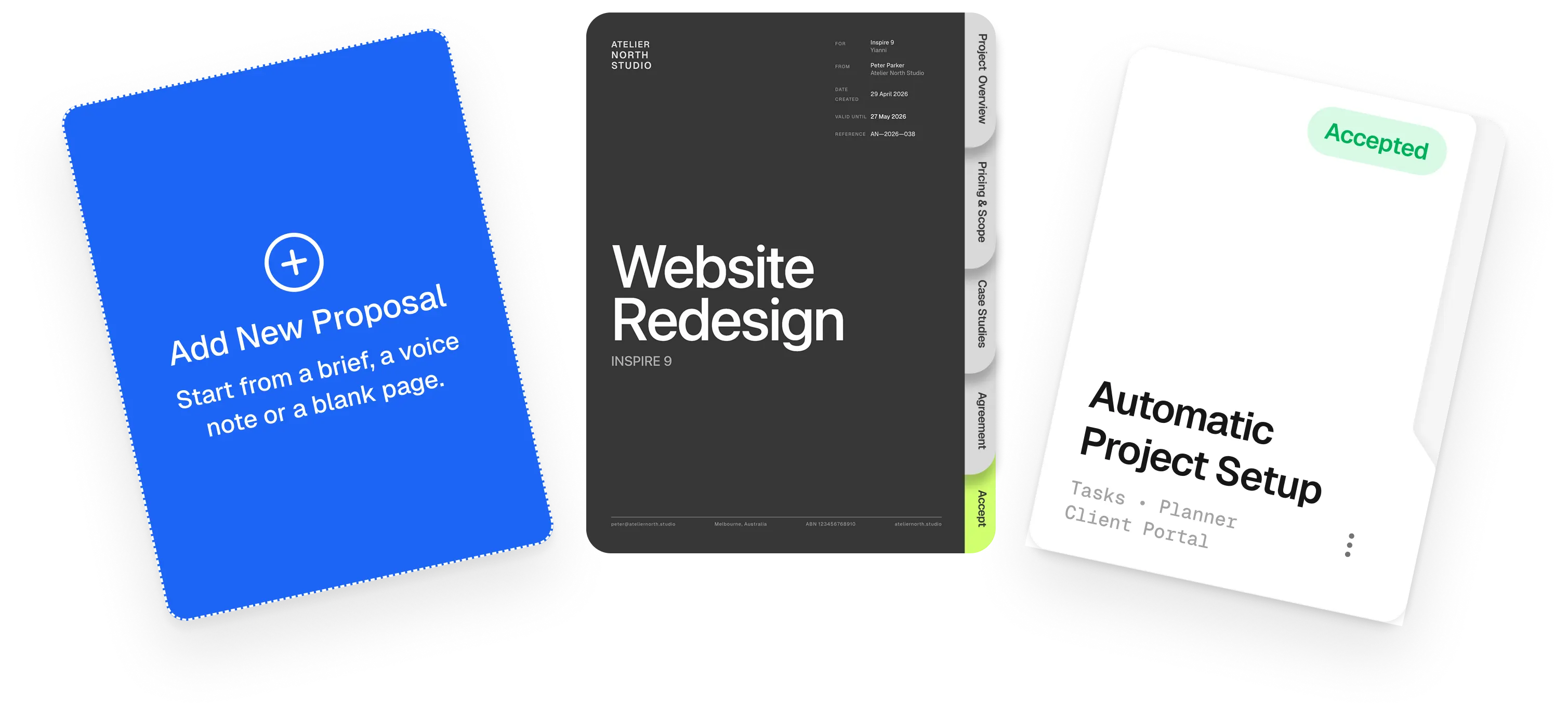 Proposal cards showing creation, branded document with tabs, and accepted status