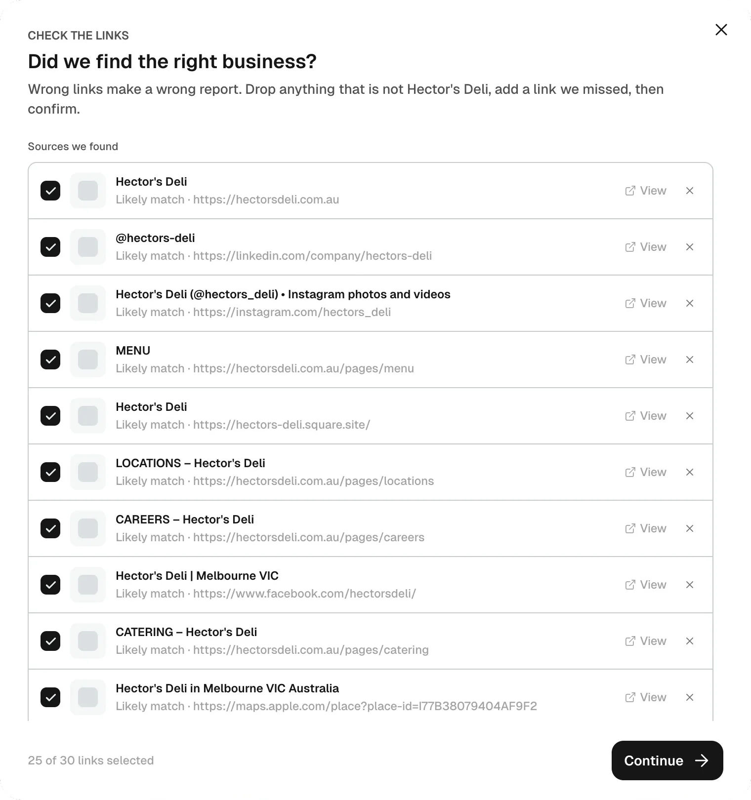 The link check step, listing the website, LinkedIn, Instagram and other sources found for the business.