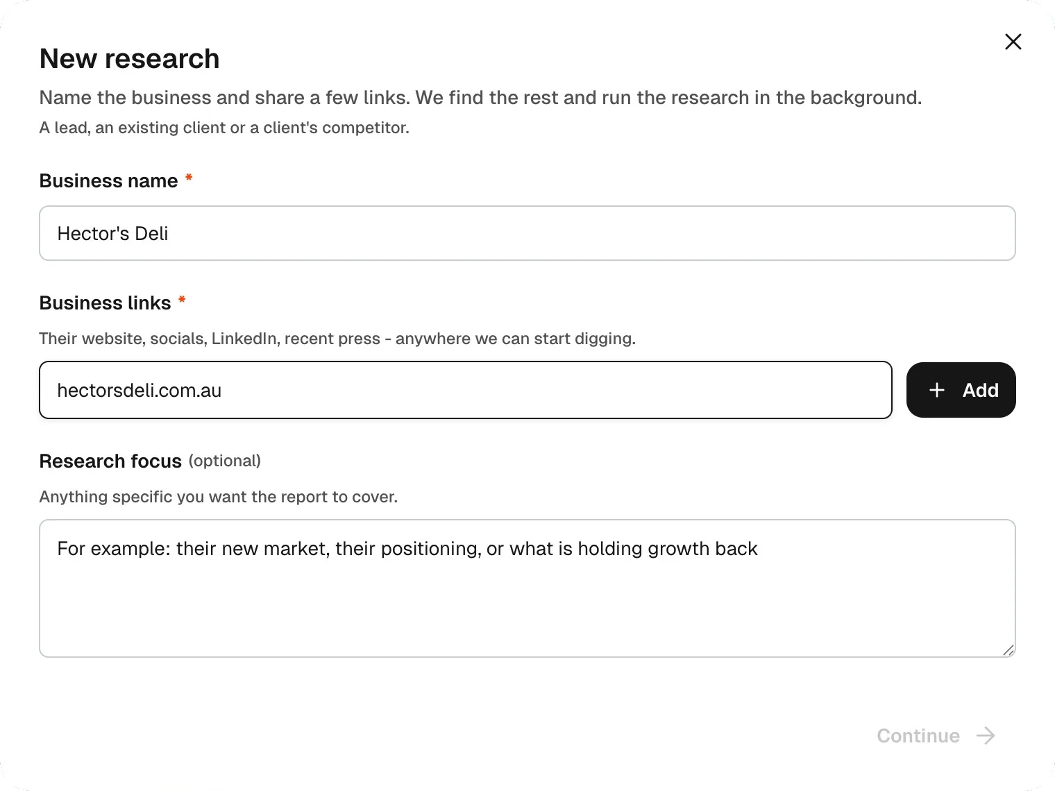The New research form with a business name, a website link and an optional research focus.
