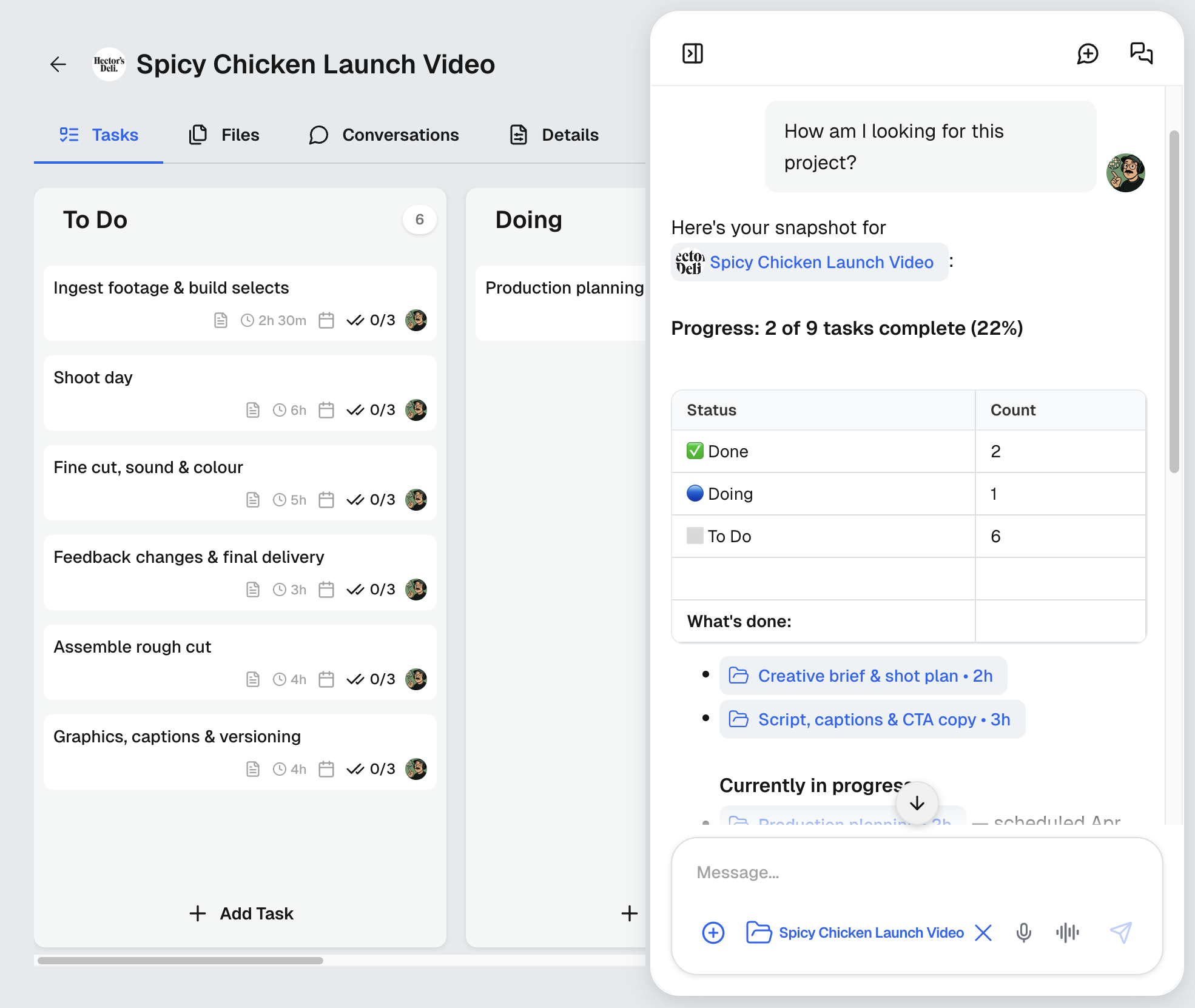 AI agent showing a project snapshot with task progress, status counts, and completed work
