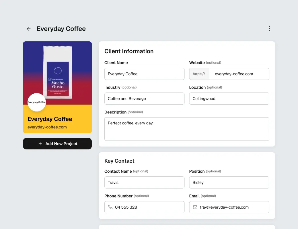 Client profile for Everyday Coffee showing contact details, industry, and key contact