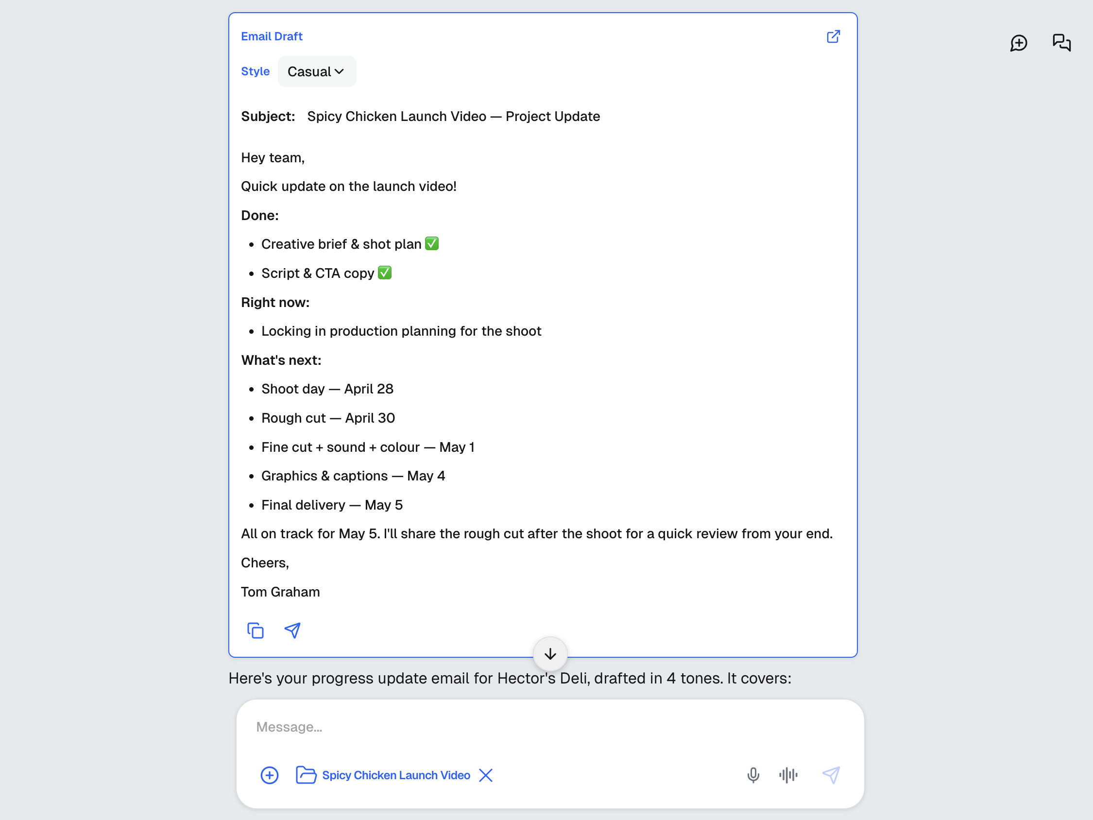 AI agent drafting a client update email with project status and upcoming milestones