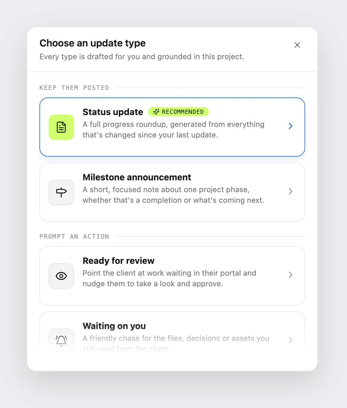 Choose an update type dialog showing status update, milestone announcement, and more