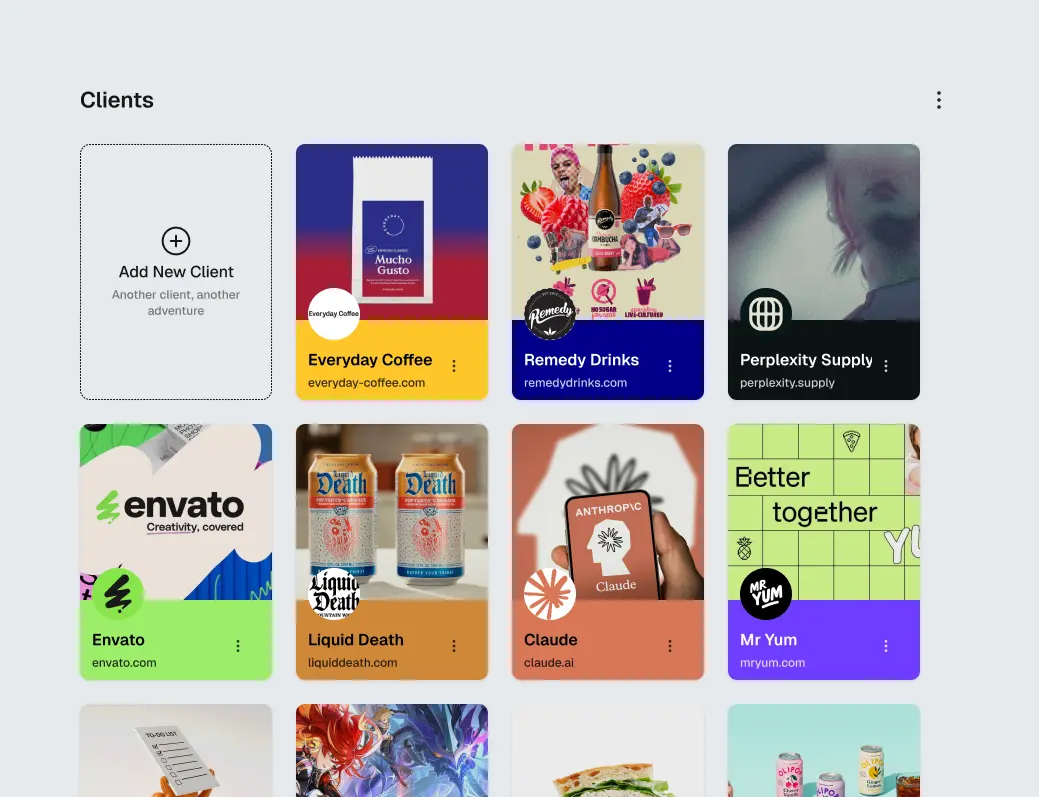 Client gallery showing visual cards for each client with logos and websites