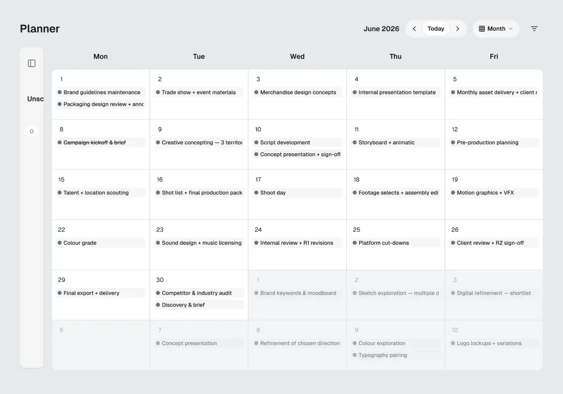 Monthly calendar view showing tasks and deadlines across all projects