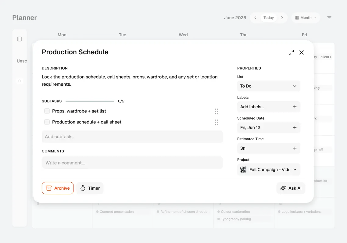 Task detail showing description, subtasks, time estimate, and scheduled date