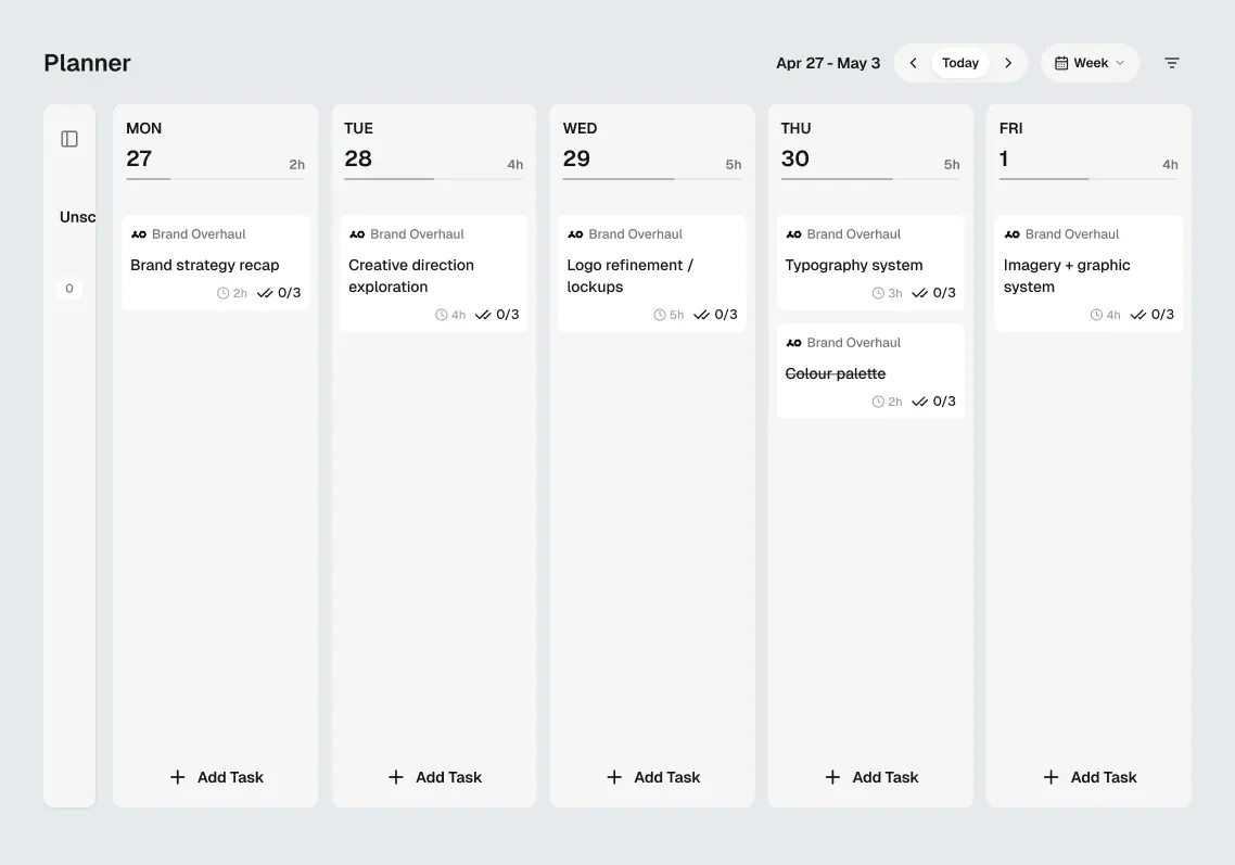 Weekly planner view showing tasks with time estimates