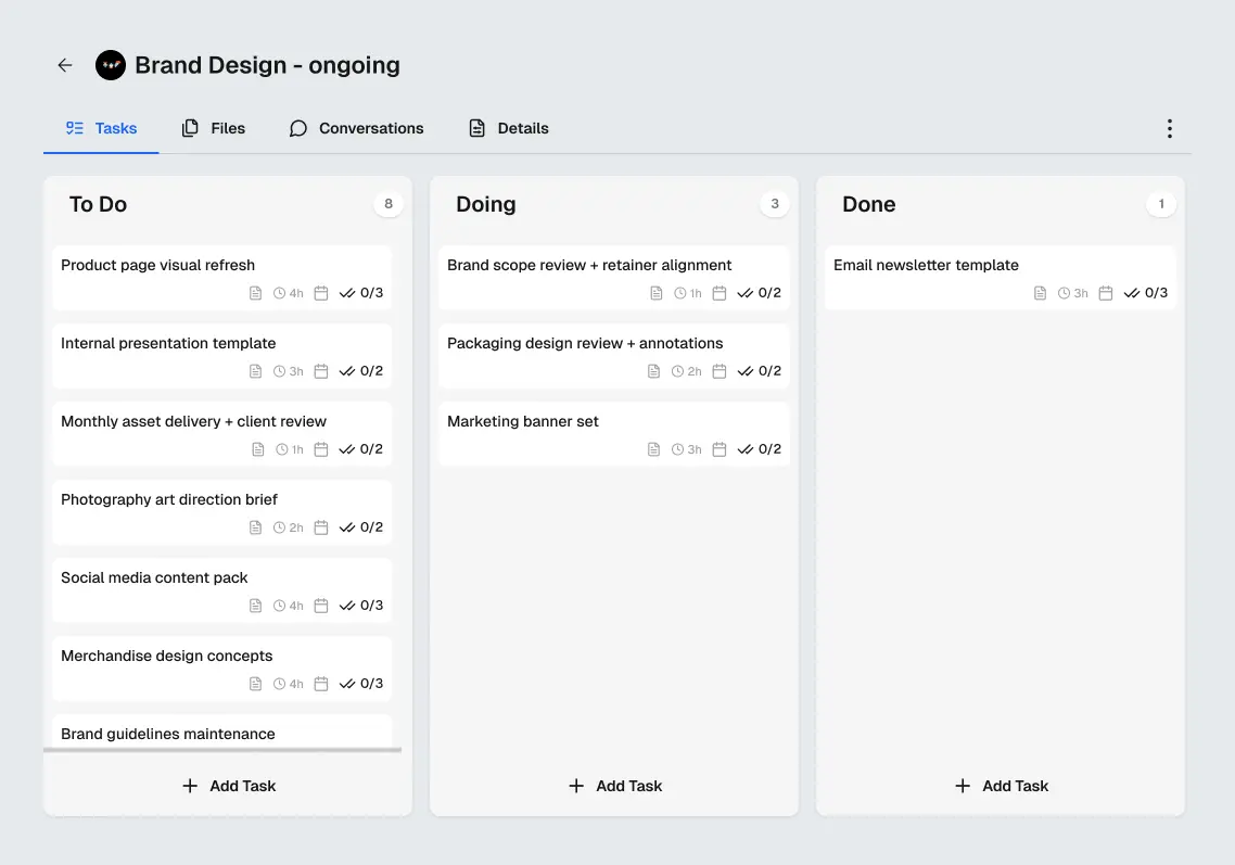Kanban board showing tasks organised by To Do, Doing, and Done columns