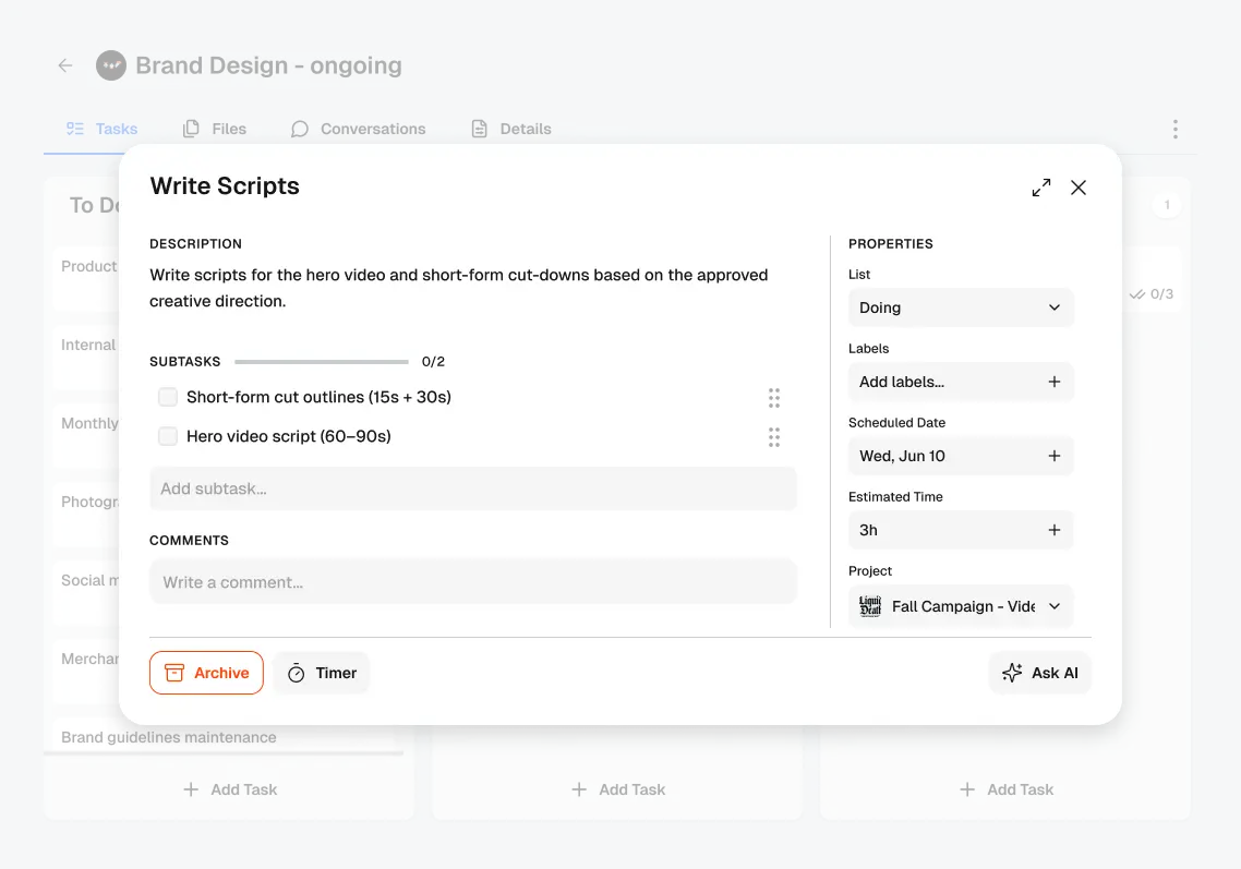 Task detail showing description, subtasks, time estimate, and project link