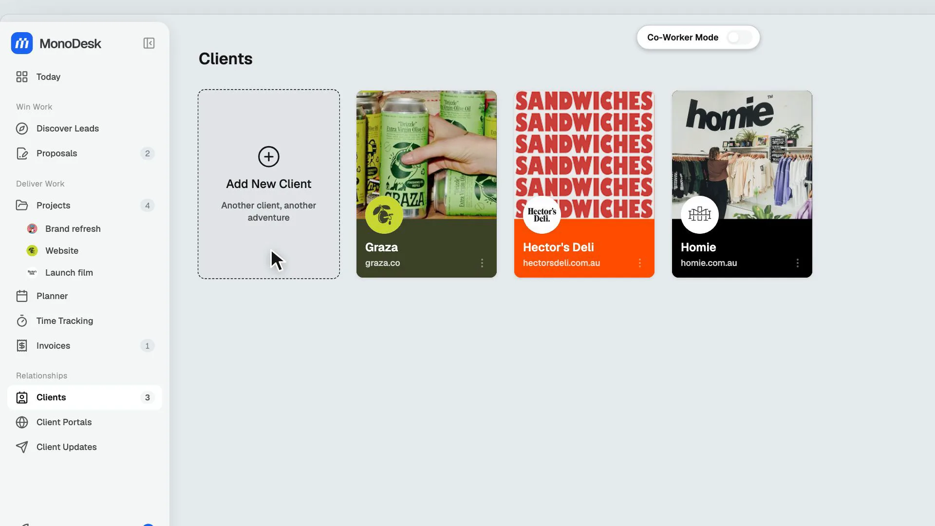 The MonoDesk workspace: clients, planner, projects and invoices in one place