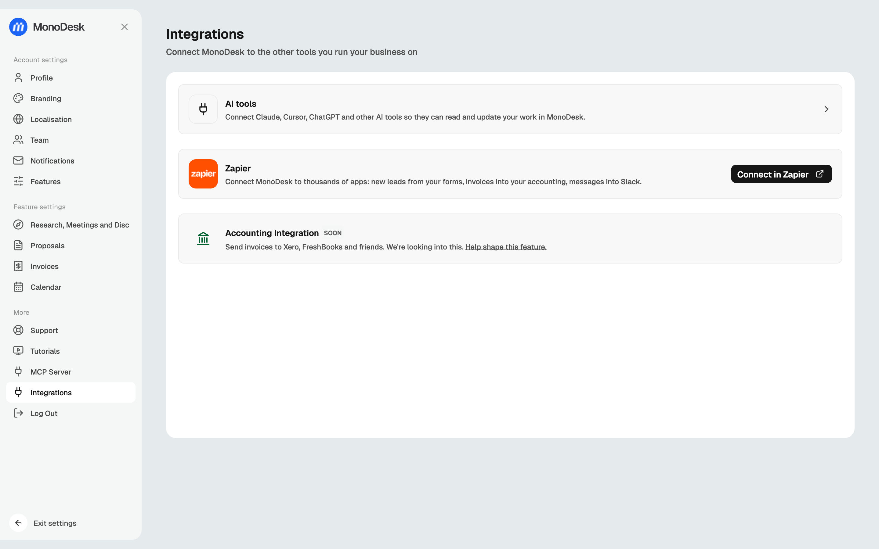 The Integrations settings page