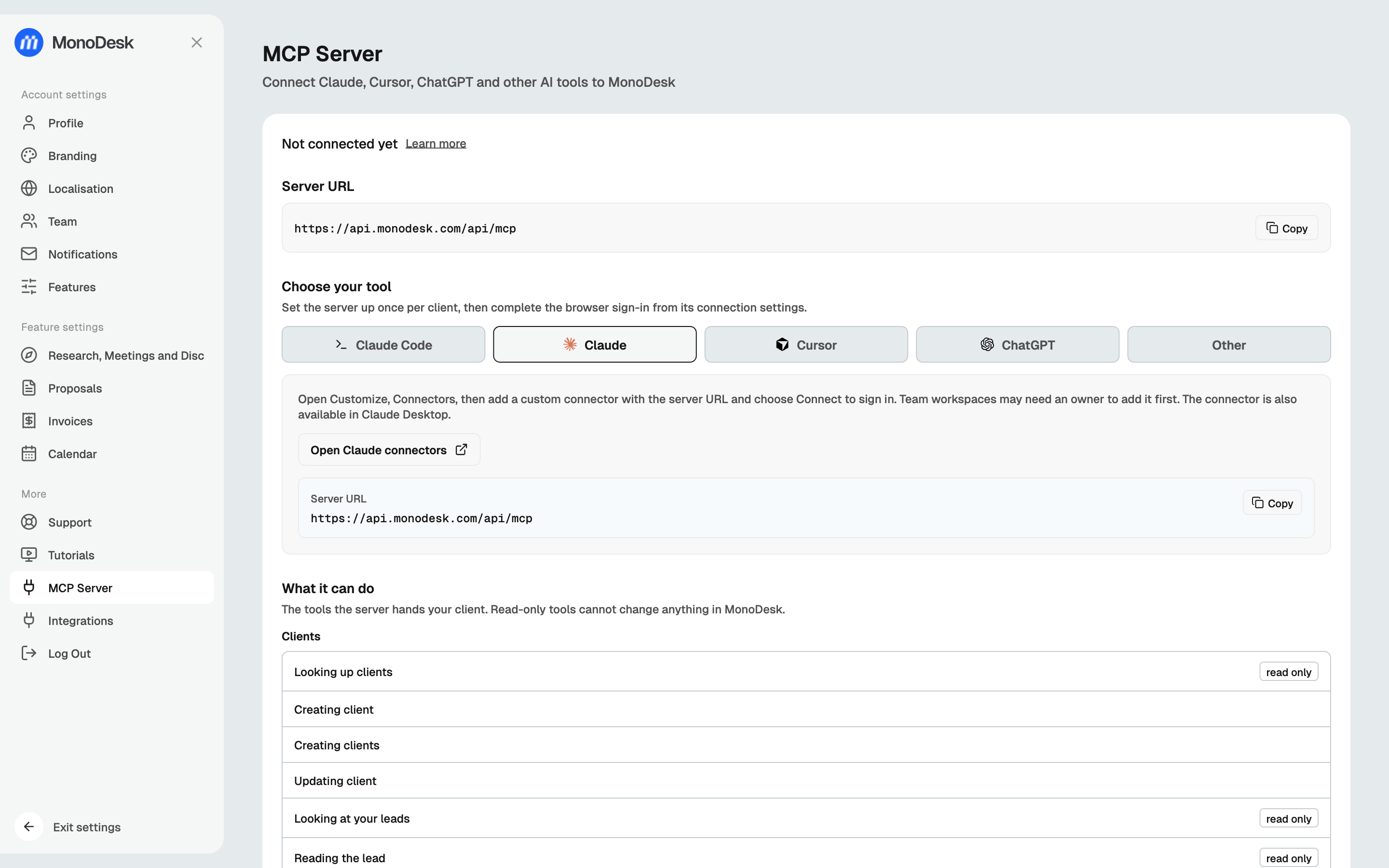 The MCP Server settings page
