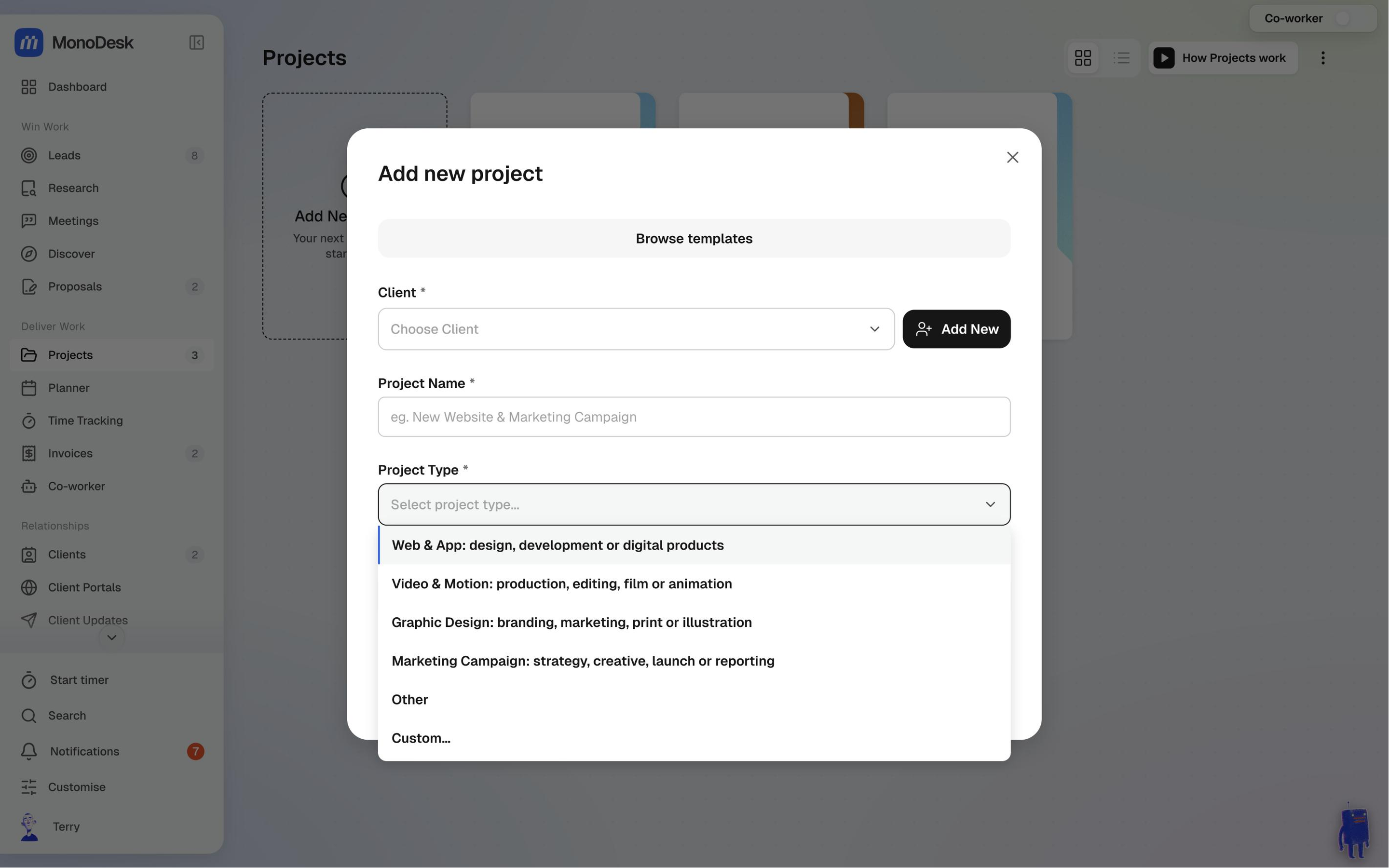 The Project Type list in the new project form