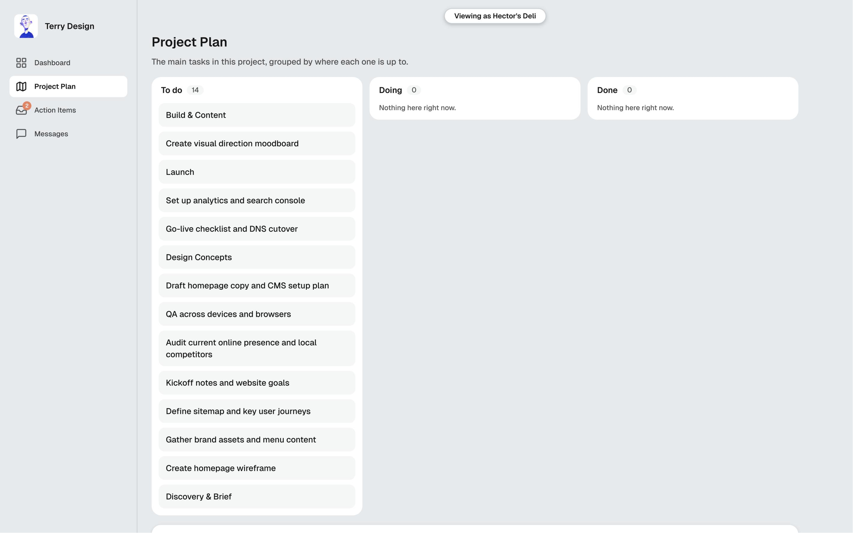 The client's Project Plan as a To do, Doing and Done board