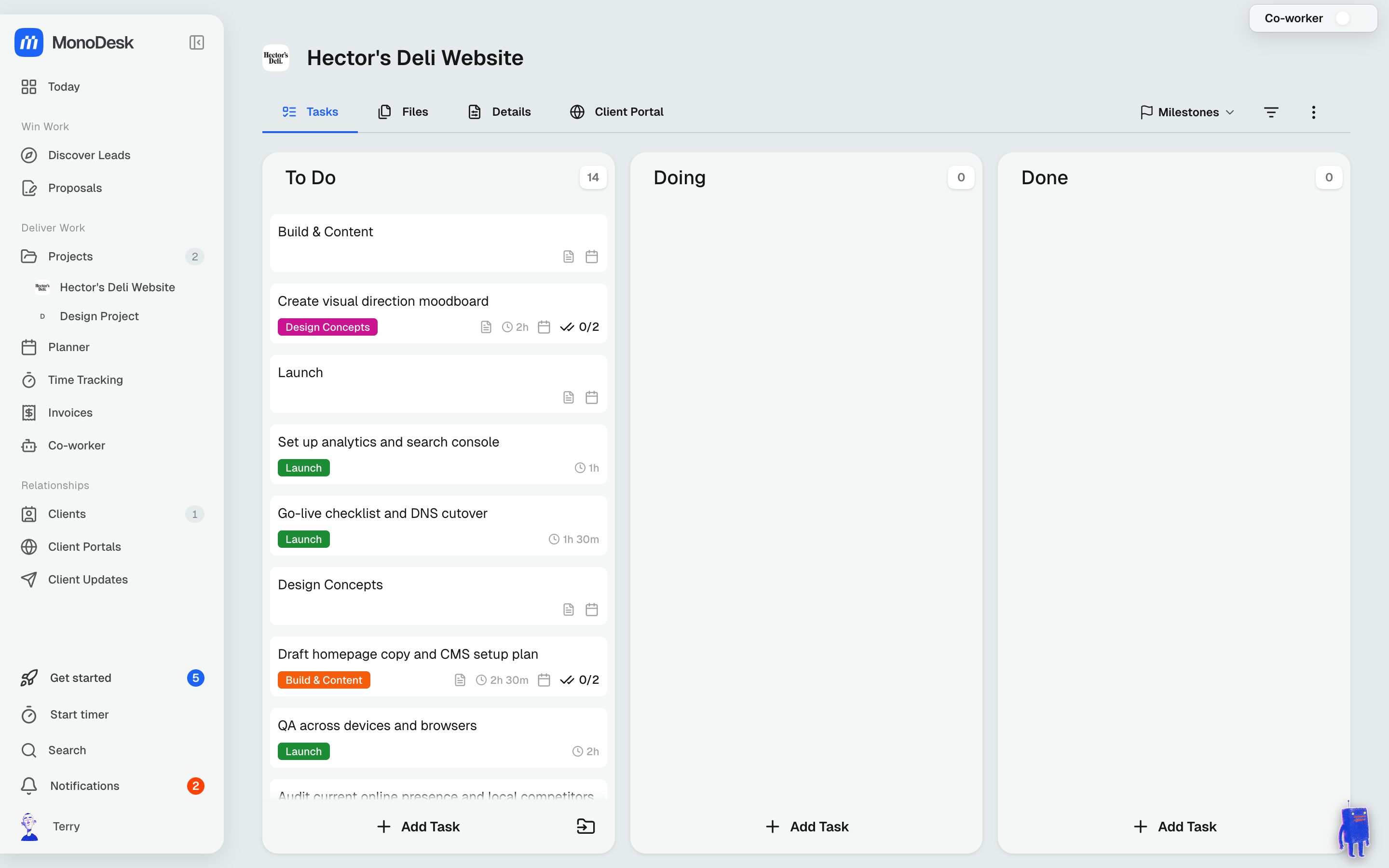 A freshly generated task board