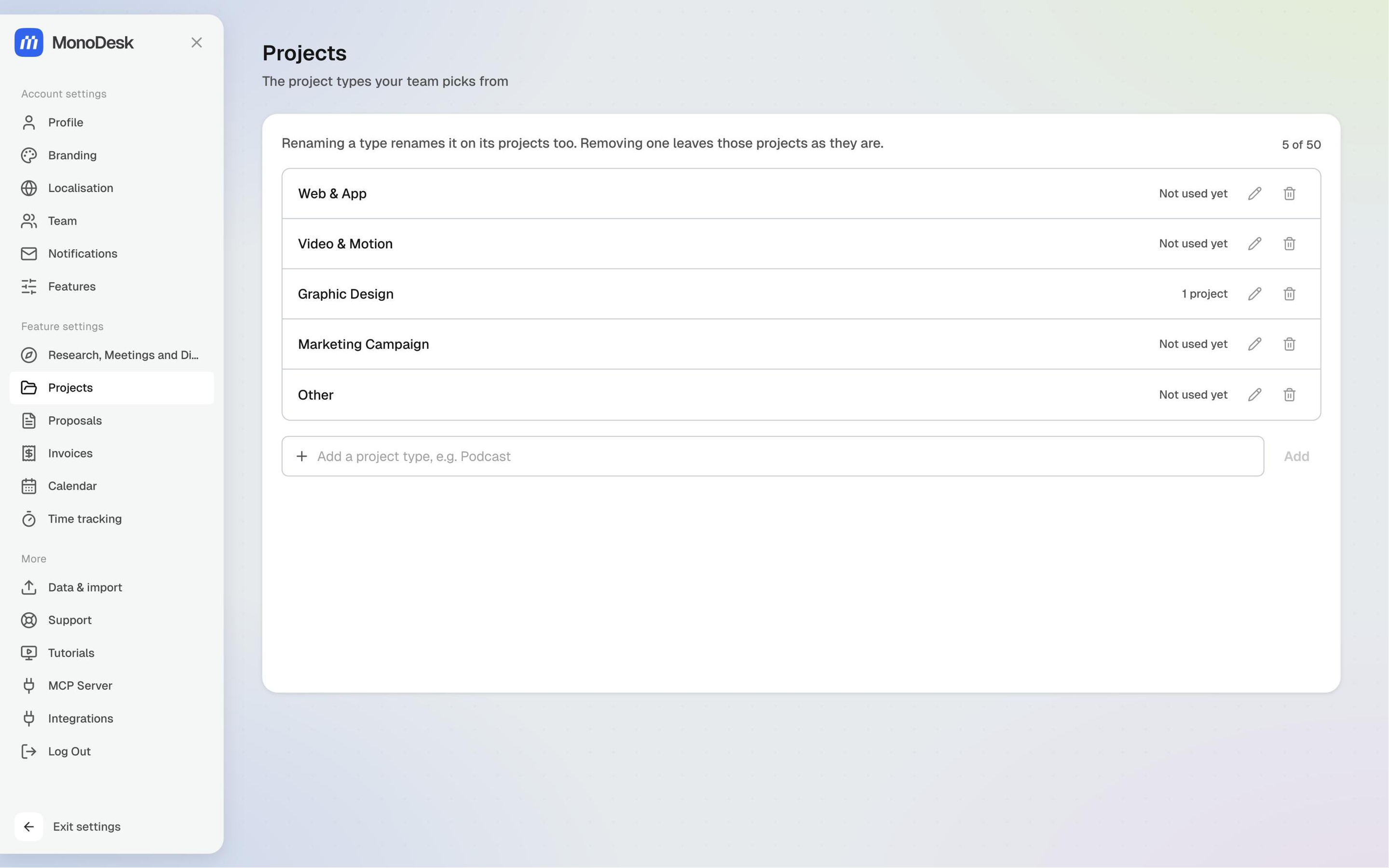 Project types in Settings → Projects